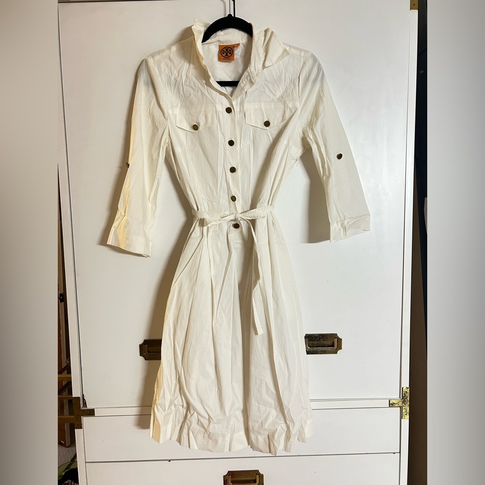 Tory Burch White Long Sleeve Belted Dress With Gold Hardware